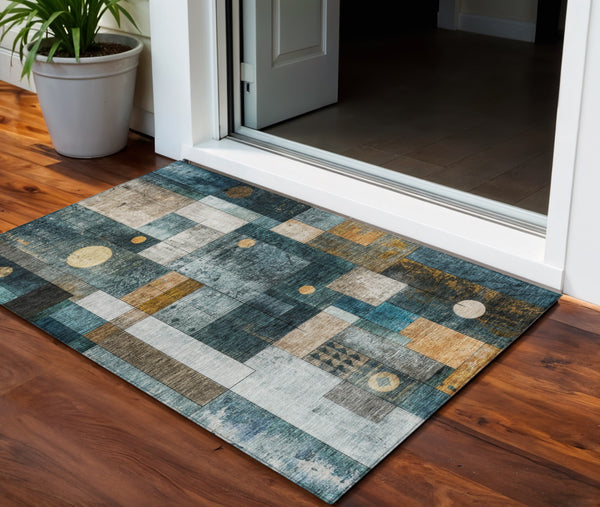 Homeroots 3' Stylish Teal Blue Gray And Gold Geometric Washable Area Rug For Indoor And Outdoor Use 3' X 5' Polyester 604482