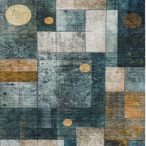 Homeroots 3' Stylish Teal Blue Gray And Gold Geometric Washable Area Rug For Indoor And Outdoor Use 3' X 5' Polyester 604482
