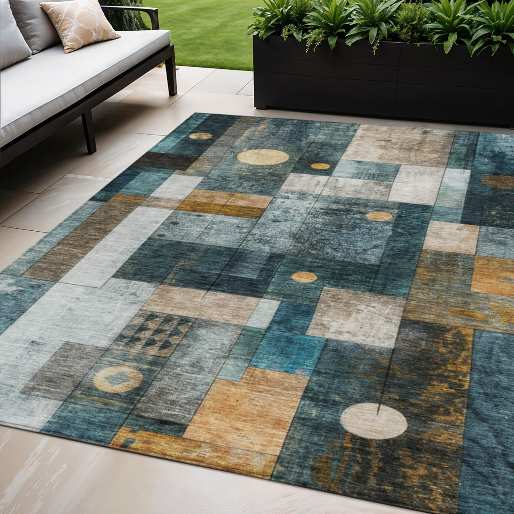 Homeroots 3' Stylish Teal Blue Gray And Gold Geometric Washable Area Rug For Indoor And Outdoor Use 5' X 8' Polyester 604483