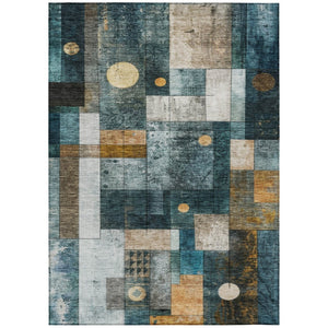 HomeRoots 5' Stylish Teal Blue Gray Gold Geometric Washable Area Rug for Modern Indoor and Outdoor Spaces 5' X 8' 604483