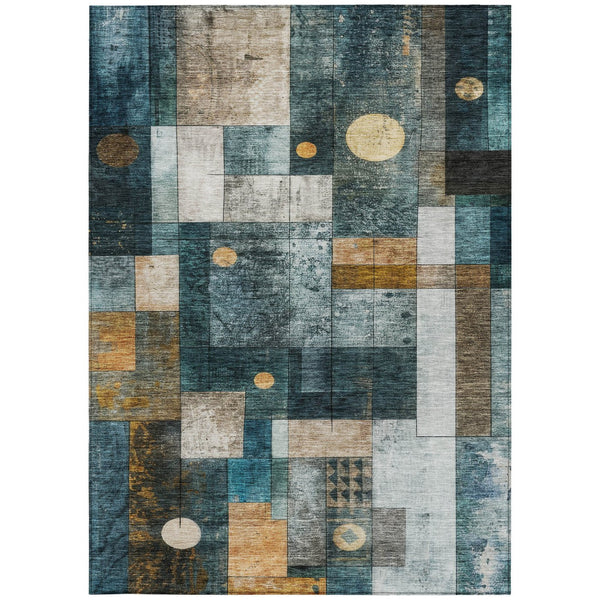 Homeroots 3' Stylish Teal Blue Gray And Gold Geometric Washable Area Rug For Indoor And Outdoor Use 5' X 8' Polyester 604483