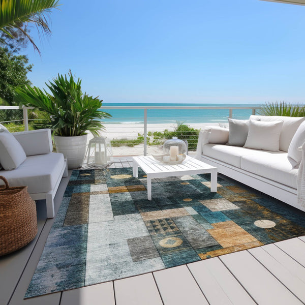 Homeroots 3' Stylish Teal Blue Gray And Gold Geometric Washable Area Rug For Indoor And Outdoor Use 5' X 8' Polyester 604483