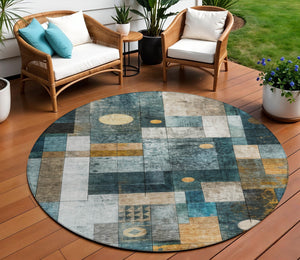 Homeroots 3' Stylish Teal Blue Gray And Gold Geometric Washable Area Rug For Indoor And Outdoor Use 8' Round Polyester 604484
