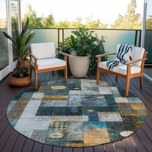 Homeroots 3' Stylish Teal Blue Gray And Gold Geometric Washable Area Rug For Indoor And Outdoor Use 8' Round Polyester 604484
