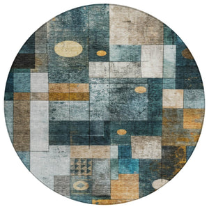 HomeRoots 5' Stylish Teal Blue Gray Gold Geometric Washable Area Rug for Modern Indoor and Outdoor Spaces 8' Round 604484