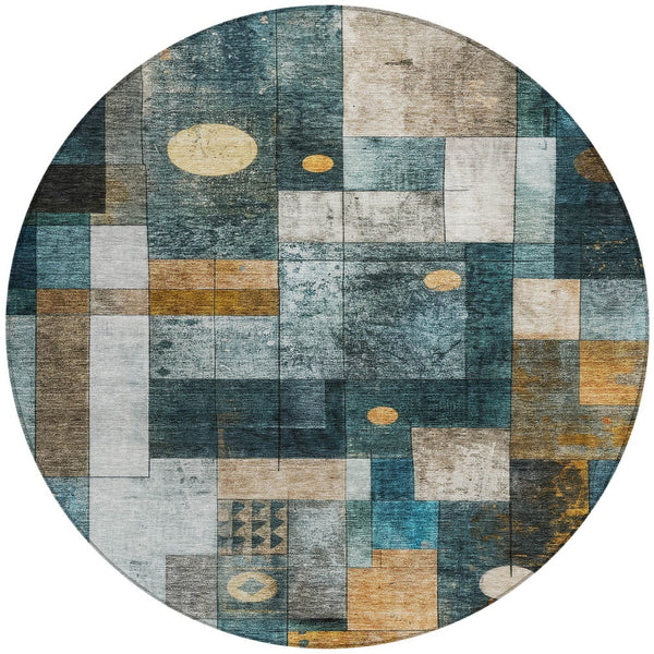 Homeroots 3' Stylish Teal Blue Gray And Gold Geometric Washable Area Rug For Indoor And Outdoor Use 8' Round Polyester 604484