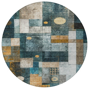 Homeroots 3' Stylish Teal Blue Gray And Gold Geometric Washable Area Rug For Indoor And Outdoor Use 8' Round Polyester 604484