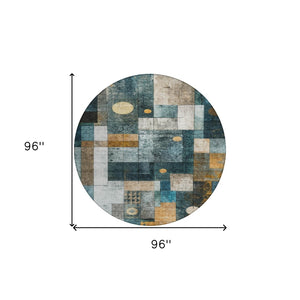 Homeroots 3' Stylish Teal Blue Gray And Gold Geometric Washable Area Rug For Indoor And Outdoor Use 8' Round Polyester 604484