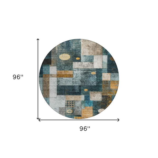 Homeroots 3' Stylish Teal Blue Gray And Gold Geometric Washable Area Rug For Indoor And Outdoor Use 8' Round Polyester 604484