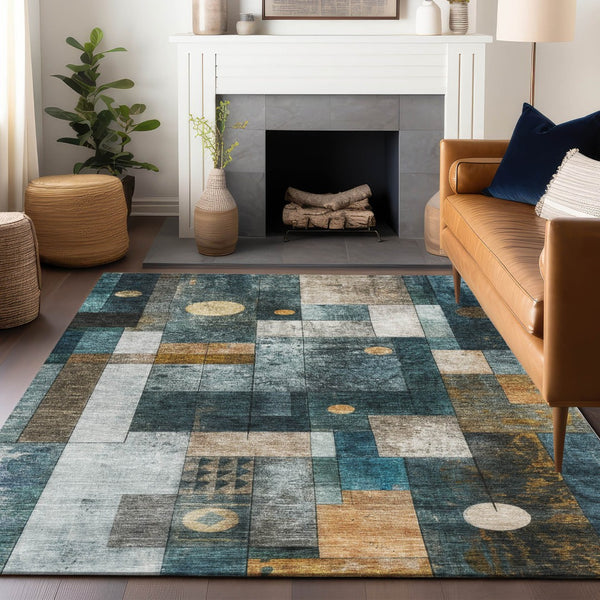 Homeroots 3' Stylish Teal Blue Gray And Gold Geometric Washable Area Rug For Indoor And Outdoor Use 8' X 10' Polyester 604485