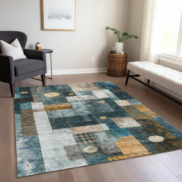 Homeroots 3' Stylish Teal Blue Gray And Gold Geometric Washable Area Rug For Indoor And Outdoor Use 8' X 10' Polyester 604485