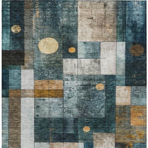 Homeroots 3' Stylish Teal Blue Gray And Gold Geometric Washable Area Rug For Indoor And Outdoor Use 9' X 12' Polyester 604486