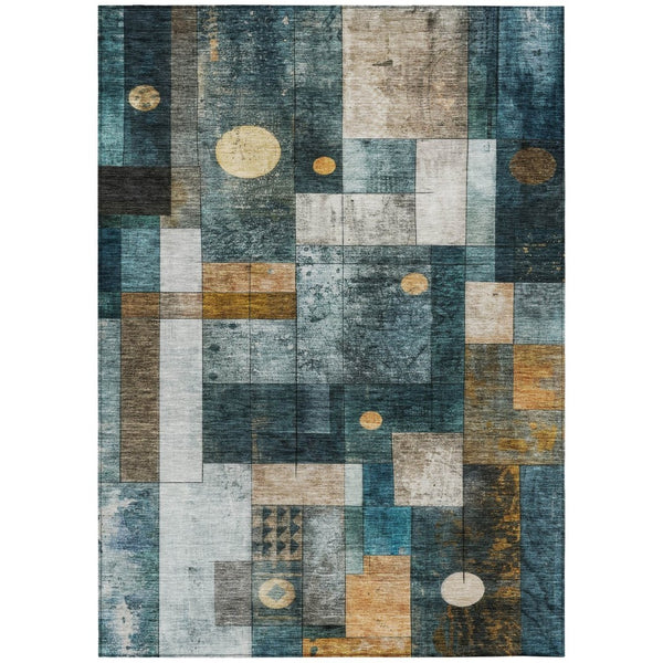 HomeRoots 9' X 12' Stylish Teal, Blue, Gray & Gold Geometric Area Rug – Indoor/Outdoor, Washable & Durable Design 604486