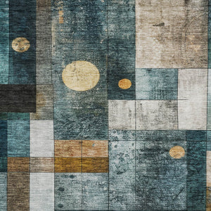 Homeroots 3' Stylish Teal Blue Gray And Gold Geometric Washable Area Rug For Indoor And Outdoor Use 9' X 12' Polyester 604486