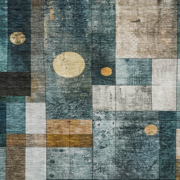 Homeroots 3' Stylish Teal Blue Gray And Gold Geometric Washable Area Rug For Indoor And Outdoor Use 9' X 12' Polyester 604486