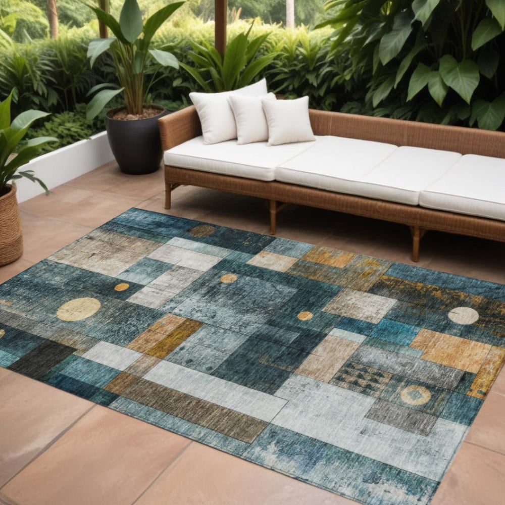 HomeRoots 5' Stylish Teal Blue Gray Gold Geometric Washable Area Rug for Modern Indoor and Outdoor Spaces 10' X 14' 604487