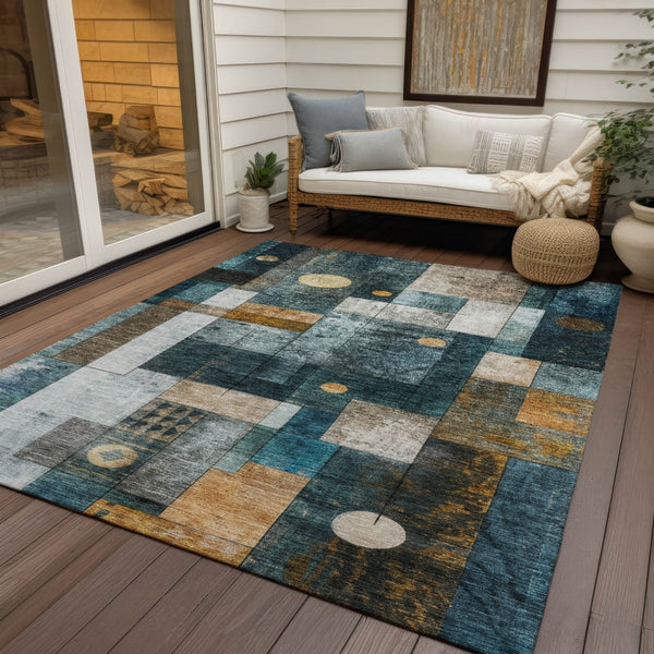 Homeroots 3' Stylish Teal Blue Gray And Gold Geometric Washable Area Rug For Indoor And Outdoor Use 10' X 14' Polyester 604487