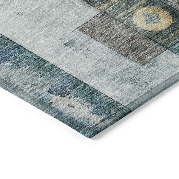 HomeRoots 5' Stylish Teal Blue Gray Gold Geometric Washable Area Rug for Modern Indoor and Outdoor Spaces 10' X 14' 604487