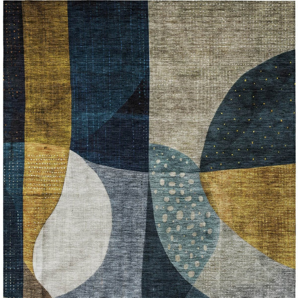 Homeroots 3' Stylish Blue Gold And Gray Abstract Washable Rug – Versatile Indoor Outdoor Accent For Any Space 3' X 5' Polyester 604488