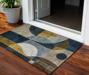 Homeroots 3' Stylish Blue Gold And Gray Abstract Washable Rug – Versatile Indoor Outdoor Accent For Any Space 3' X 5' Polyester 604488