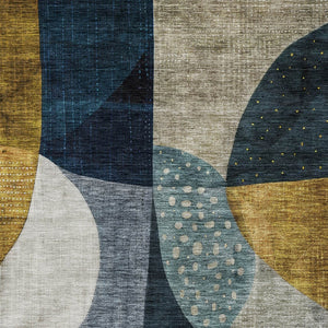 Homeroots 3' Stylish Blue Gold And Gray Abstract Washable Rug – Versatile Indoor Outdoor Accent For Any Space 3' X 5' Polyester 604488