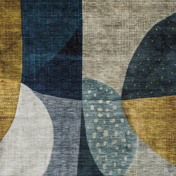 Homeroots 3' Stylish Blue Gold And Gray Abstract Washable Rug – Versatile Indoor Outdoor Accent For Any Space 3' X 5' Polyester 604488
