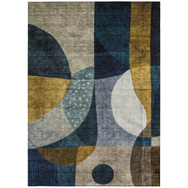 Homeroots 3' Stylish Blue Gold And Gray Abstract Washable Rug – Versatile Indoor Outdoor Accent For Any Space 5' X 8' Polyester 604489