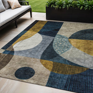 Homeroots 3' Stylish Blue Gold And Gray Abstract Washable Rug – Versatile Indoor Outdoor Accent For Any Space 5' X 8' Polyester 604489