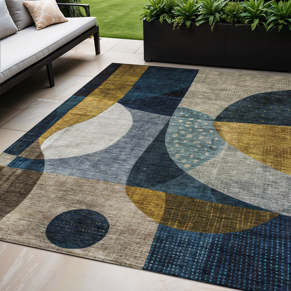 Homeroots 3' Stylish Blue Gold And Gray Abstract Washable Rug – Versatile Indoor Outdoor Accent For Any Space 5' X 8' Polyester 604489