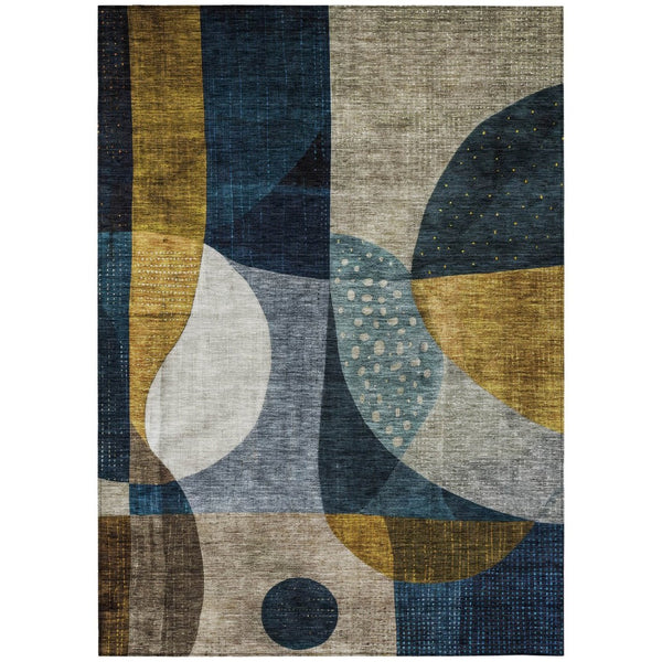 HomeRoots 5' Abstract Blue Gold and Gray Washable Area Rug - Contemporary Design for Indoor and Outdoor Use 5' X 8' 604489