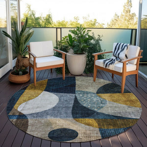 Homeroots 3' Stylish Blue Gold And Gray Abstract Washable Rug – Versatile Indoor Outdoor Accent For Any Space 8' Round Polyester 604490