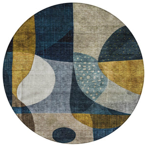 HomeRoots 5' Abstract Blue Gold and Gray Washable Area Rug - Contemporary Design for Indoor and Outdoor Use 8' Round 604490