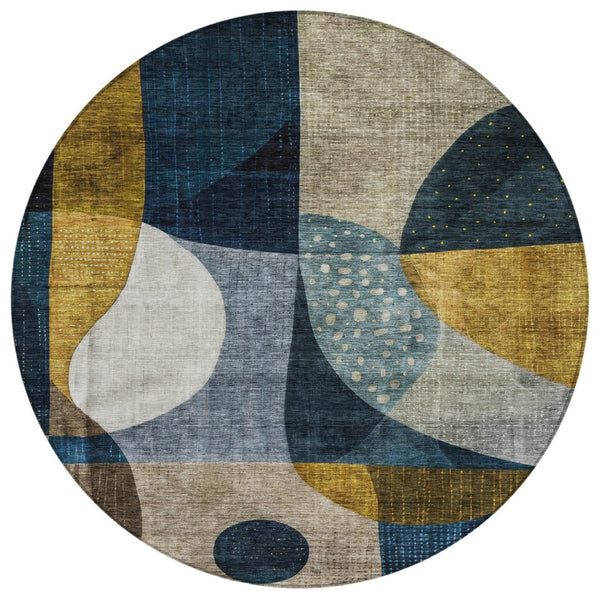 HomeRoots 5' Abstract Blue Gold and Gray Washable Area Rug - Contemporary Design for Indoor and Outdoor Use 8' Round 604490