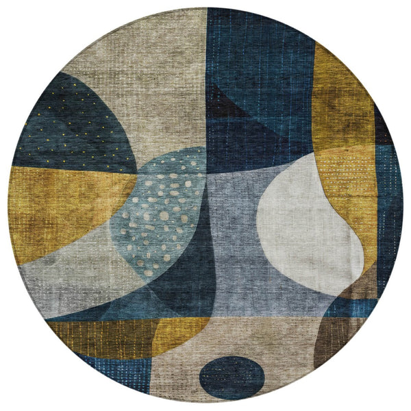 Homeroots 3' Stylish Blue Gold And Gray Abstract Washable Rug – Versatile Indoor Outdoor Accent For Any Space 8' Round Polyester 604490