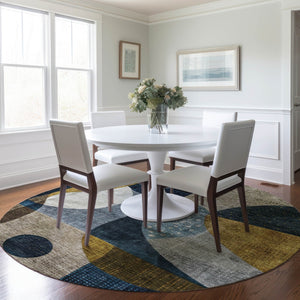 Homeroots 3' Stylish Blue Gold And Gray Abstract Washable Rug – Versatile Indoor Outdoor Accent For Any Space 8' Round Polyester 604490