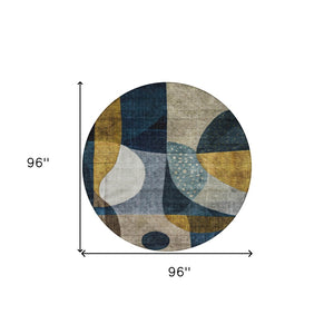 Homeroots 3' Stylish Blue Gold And Gray Abstract Washable Rug – Versatile Indoor Outdoor Accent For Any Space 8' Round Polyester 604490