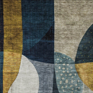 Homeroots 3' Stylish Blue Gold And Gray Abstract Washable Rug – Versatile Indoor Outdoor Accent For Any Space 8' X 10' Polyester 604491