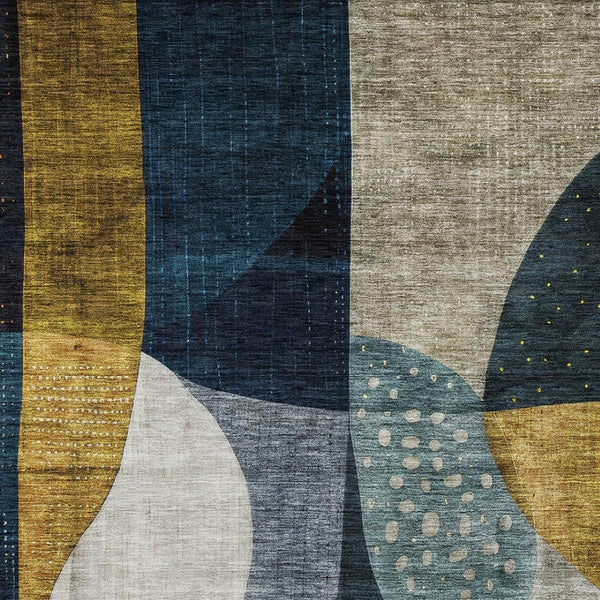 Homeroots 3' Stylish Blue Gold And Gray Abstract Washable Rug – Versatile Indoor Outdoor Accent For Any Space 8' X 10' Polyester 604491