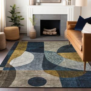 Homeroots 3' Stylish Blue Gold And Gray Abstract Washable Rug – Versatile Indoor Outdoor Accent For Any Space 8' X 10' Polyester 604491
