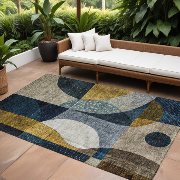 Homeroots 3' Stylish Blue Gold And Gray Abstract Washable Rug – Versatile Indoor Outdoor Accent For Any Space 9' X 12' Polyester 604492