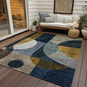 Homeroots 3' Stylish Blue Gold And Gray Abstract Washable Rug – Versatile Indoor Outdoor Accent For Any Space 10' X 14' Polyester 604493
