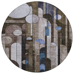 HomeRoots 5' Geometric Brown, Gray, and Blue Washable Area Rug for Indoor and Outdoor Spaces - Durable Style! 8' Round 604496
