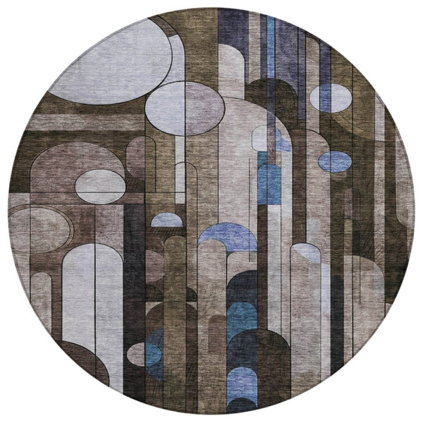 HomeRoots 5' Geometric Brown, Gray, and Blue Washable Area Rug for Indoor and Outdoor Spaces - Durable Style! 8' Round 604496