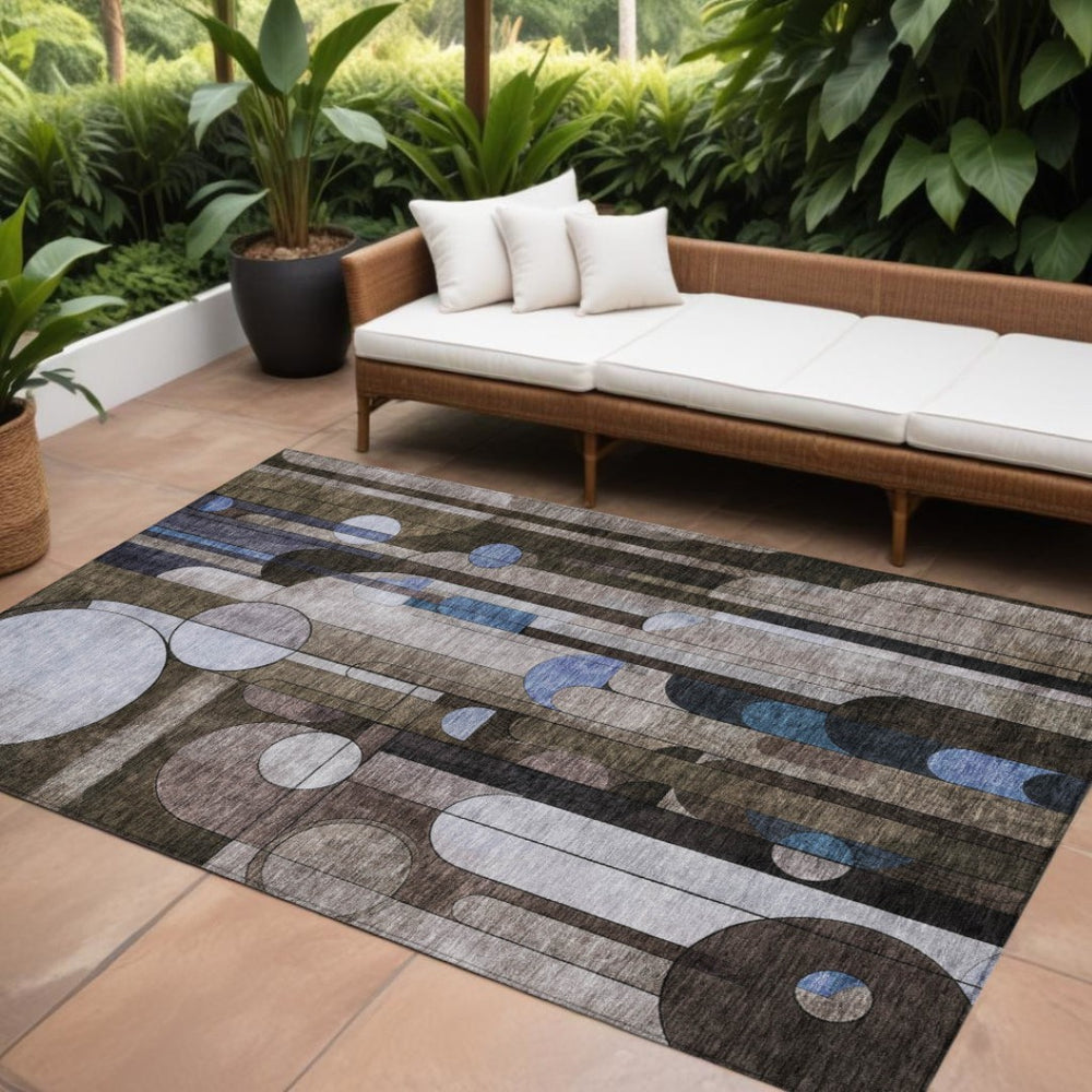 HomeRoots 9' Geometric Washable Area Rug in Brown, Gray & Blue - Durable for Indoor & Outdoor Spaces! 604498