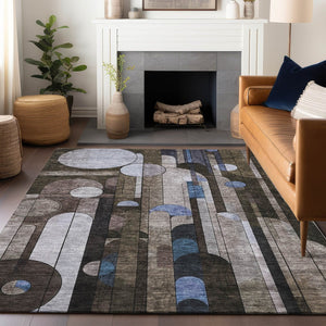 HomeRoots 5' Geometric Brown, Gray, and Blue Washable Area Rug for Indoor and Outdoor Spaces - Durable Style! 10' X 14' 604499