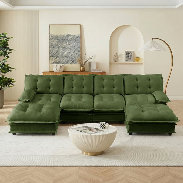 English Elm 138" U-shaped Chenille Cloud Sectional with Ottomans Deep Seat Modular Living Room Sofa Green W714S01733