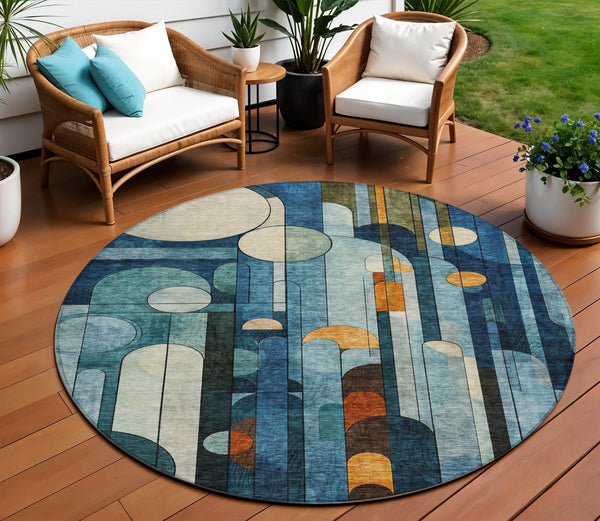 Homeroots 3' Stylish Geometric Washable Area Rug – Durable, Stain Resistant Design For Indoor & Outdoor Use 8' Round Polyester 604502