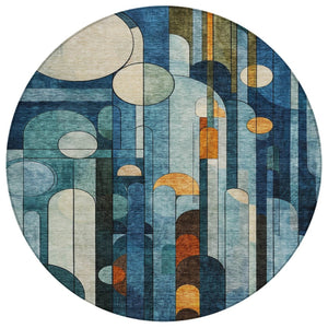 HomeRoots 5' Stylish Blue Ivory Copper Geometric Washable Indoor Outdoor Area Rug for Easy Care & Durability 8' Round 604502