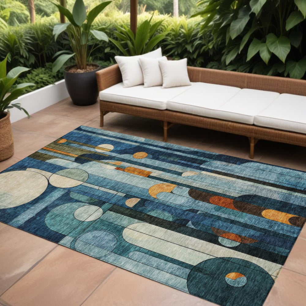 HomeRoots 5' Stylish Blue Ivory Copper Geometric Washable Indoor Outdoor Area Rug for Easy Care & Durability 10' X 14' 604505