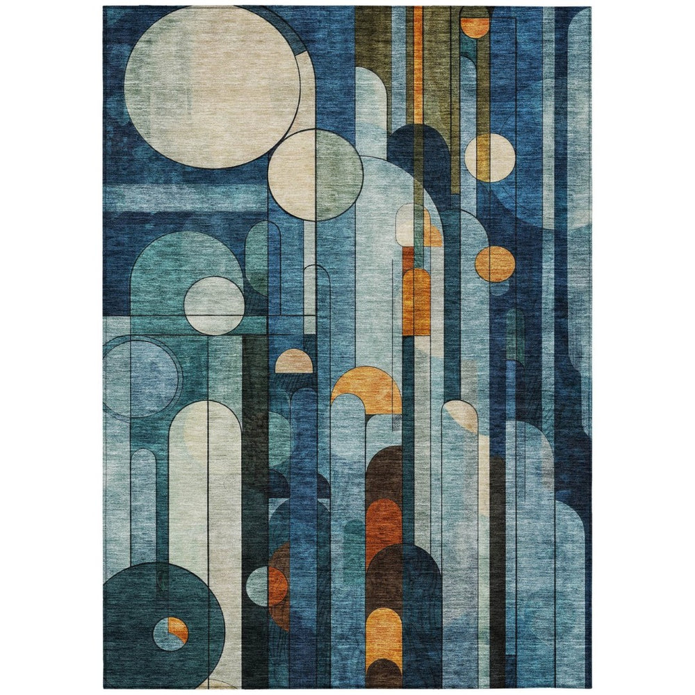 HomeRoots 5' Stylish Blue Ivory Copper Geometric Washable Indoor Outdoor Area Rug for Easy Care & Durability 10' X 14' 604505